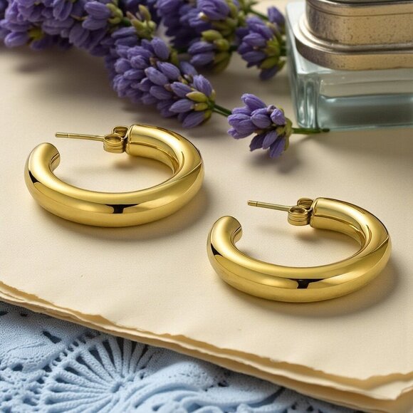 🆕️Chunky C Hoop Earrings 18K Gold Plated Stainless Steel Statement Modern - Picture 8 of 12